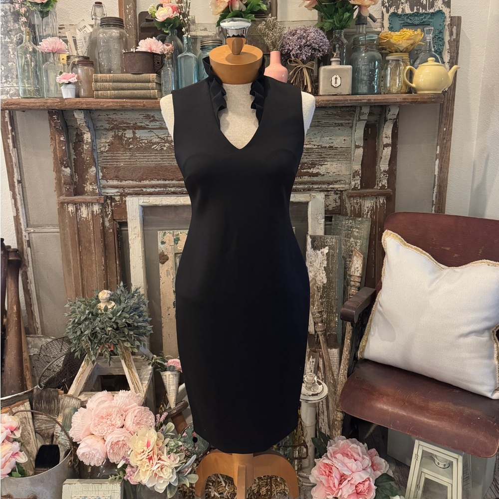 NWT CALVIN KLEIN BLACK HOLIDAY SHEATH DRESS | Ruffle Neck| Midi | PARTY Bodycon